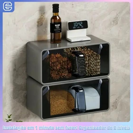 Organizador de Temperos de Parede Sem Furos, Armário de Cozinha com 2 Níveis e Tampa Anti-poeira