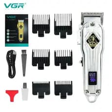 Cortador De Cabelo Profissional Vgr Oiv-267 Bivolt Prateado 6 Pentes Cabelo Barba Barbeiro Sem Fio