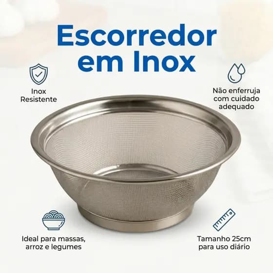 Escorredor Inox 25cm Cozinha Profissional | Peneira Inox Massas Arroz Frutas Legumes Resistente