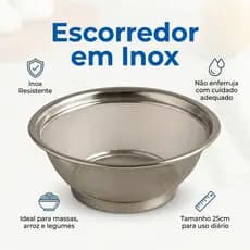 Escorredor Inox 25cm Cozinha Profissional | Peneira Inox Massas Arroz Frutas Legumes Resistente