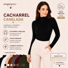 Blusa Canelada Manga Longa Feminina Gola Alta Cacharrel Segunda Pele