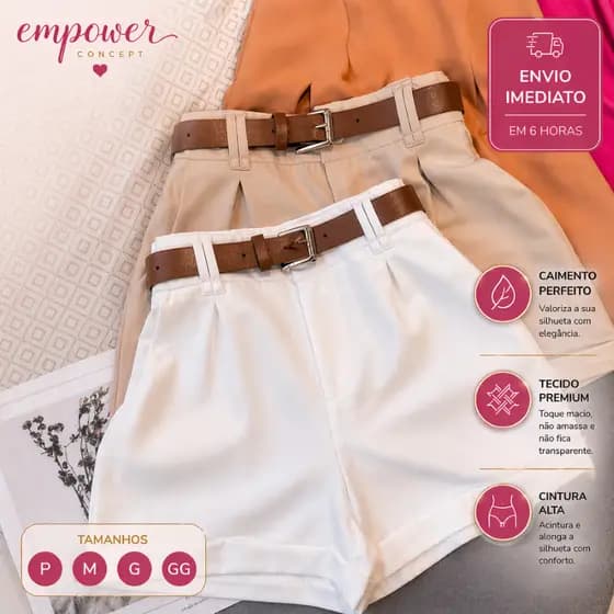 Short Alfaiataria Feminino Social com Cinto Cintura Alta PROMOÇÃO