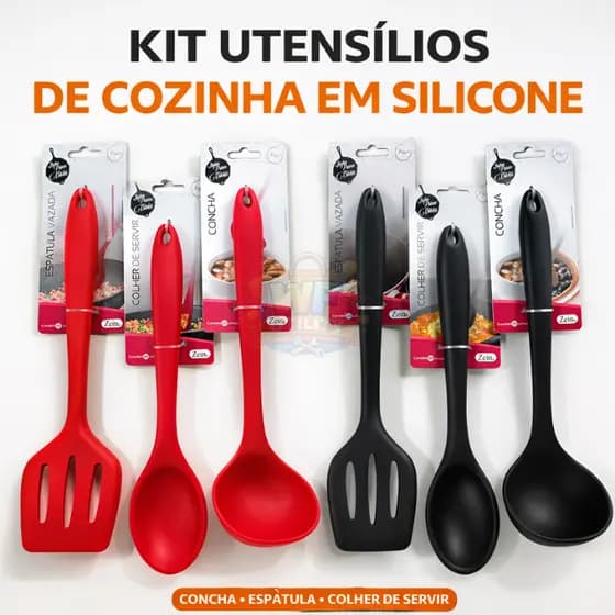 Kit Utensílios de Cozinha Silicone Concha + Colher de Servir + Espátula Vazada Resistente