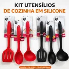 Kit Utensílios de Cozinha Silicone Concha + Colher de Servir + Espátula Vazada Resistente