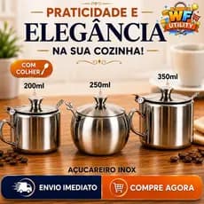 Açucareiro Com Tampa Em Aço Inox Com Colher 200ml - 250ml - 350ml