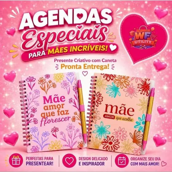 Agenda Dia das Mães 14x18 + Caneta 70 Folhas Espiral Presente Perfeito Delicada Linda Envio Imediato