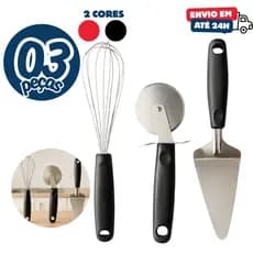 Kit 3 Utensilios Inox Cortador de Pizza e Espatula Fatiador Bolo Fue Fouet Batedor de Claras Ovos
