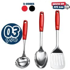 Kit 3 Utensílios Inox Concha Colher e Espatula Vazada Profissional Cozinha Restaurante Buffet