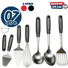 Kit 7 Utensílios Inox Colher Arroz Concha Espatula Vazada Descascador Espatula Bolo Fouet Fue Plaina