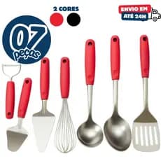 Kit 7 Utensílios Inox Colher Arroz Concha Espatula Vazada Descascador Espatula Bolo Fouet Fue Plaina