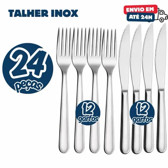 Kit 24 Talheres Garfos e Facas em Aço Inox Premium Alta Durabilidade Cozinha Restaurante Hotel Mesa Posta Elegante