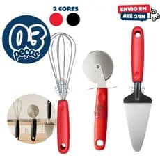 Kit 3 Peças Inox Linha Black Cortador de Pizza e Espatula Fatiador Bolo Fue Fouet Batedor de Claras