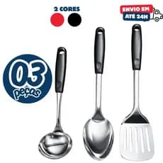 Kit 3 Utensílios Inox Concha Colher e Espatula Vazada Profissional Cozinha Restaurante Buffet