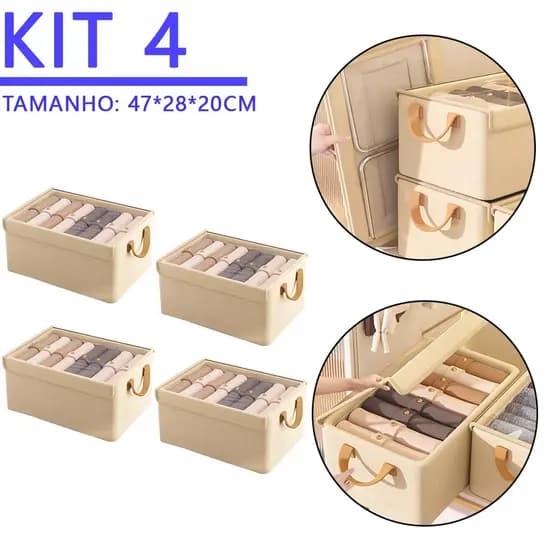 Kit 4 Caixas Organizadoras de Guarda Roupa Dobráveis com Tampa Cinza Bege 47x28x20cm