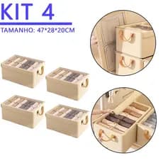 Kit 4 Caixas Organizadoras de Guarda Roupa Dobráveis com Tampa Cinza Bege 47x28x20cm