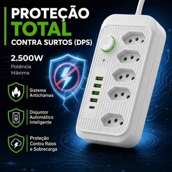 Régua Filtro de Linha com 5 Tomadas Extensão Elétrica 4 USB e 1 USB-C Bivolt 10A 110v/220v Cabo de 2 Metros
