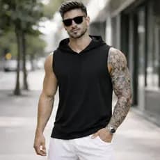 Camiseta Regata Masculina com Capuz Lisa Preta Longline Oversized Blusa Treino Academia