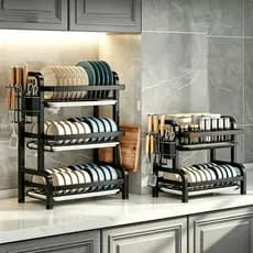 Escorredor De Pratos De Aço Inoxidável Preto Com Organizador Rack Multifuncional De 3 Camadas