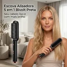Escova Alisadora 5 em 1 Alisa, Hidrata, Modela, Alinha e Anti-Frizz Escova Mágica Bivolt PRETA