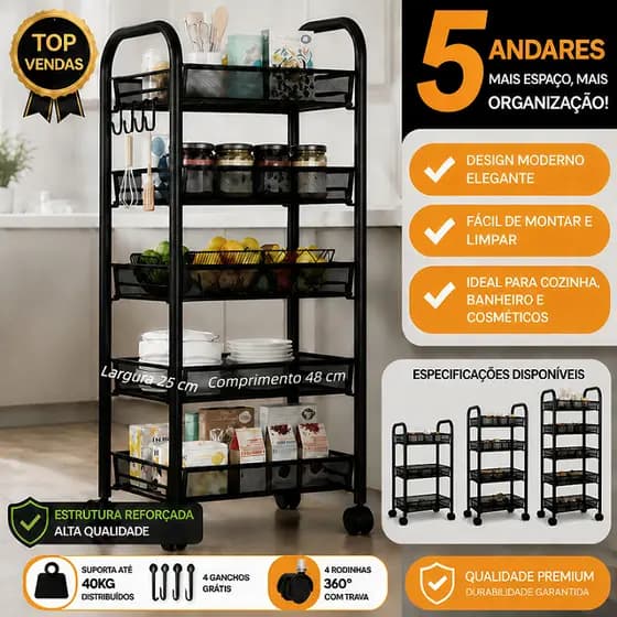 Carrinho Inox Preto 3/4/5 Andares Organizador Multiuso Aramado com Rodinhas para Cozinha, Banheiro e Cosméticos