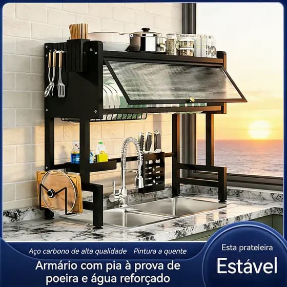 Escorredor de Louça Cozinha Suspenso Pia Rack Organizador Modular Autosustentável 2 e 3 Camadas Aço Preto