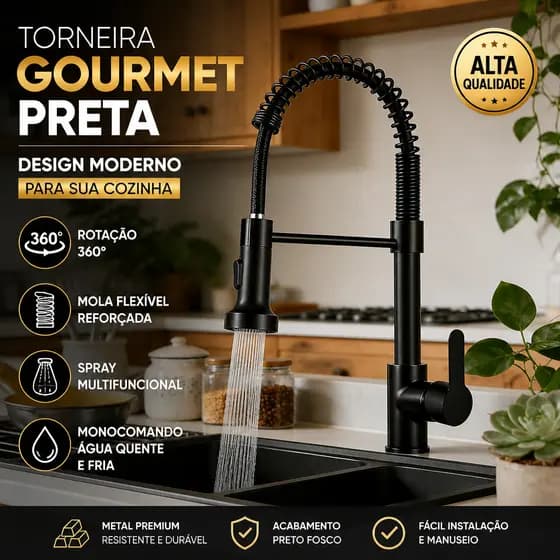 Torneira Cozinha Gourmet Preta Monocomando Spray Flexível Misturador Rotação 360° Alta Qualidade