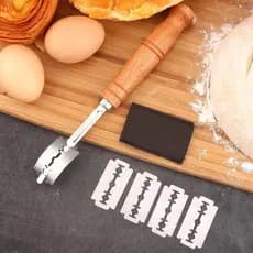 Cortador de pão e pastelaria, equipado com 5 lâminas, faca curva para torradas, cabo de madeira, acessórios de cozinha