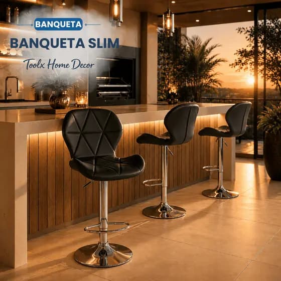 Banqueta Alta Regulável Giratória Moderna PU Base Cromada Confortável