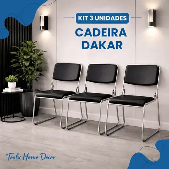 Kit 3 Cadeiras Dakar Escritório Recepção Cromada PU Conforto | Envio Imediato
