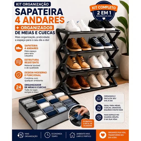 Kit Organização Completa Sapateira 4 Andares + Organizador 24 Divisórias Meias Cuecas