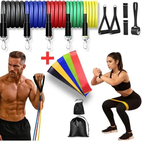Kit 11 Elásticos de Resistência + 5 Mini Bands | Treino Funcional e Musculação em Casa ou Academia
