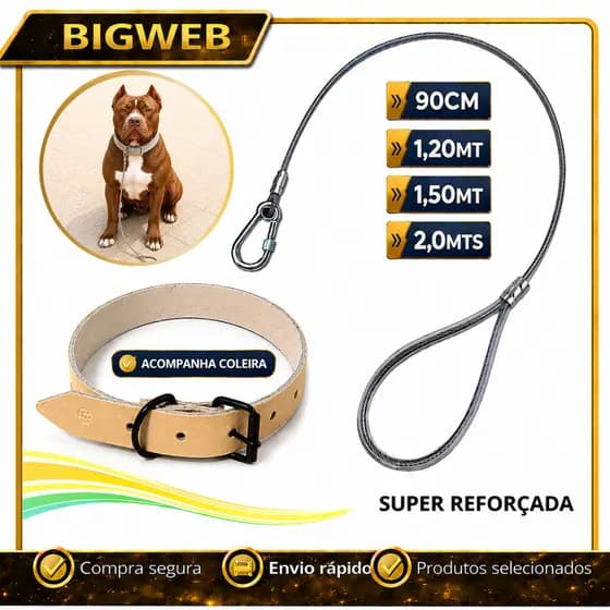 Guia Passeio Reforçada Cabo Aço Com Coleira Cachorro Médio e Grande Porte Cães Reforçada Escolha o Tamanho