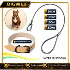 Guia Passeio Reforçada Cabo Aço Com Coleira Cachorro Médio e Grande Porte Cães Reforçada Escolha o Tamanho
