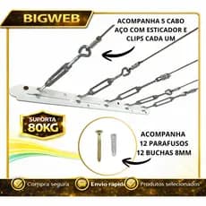 Varal Fixo Parede com Cabo de Aço e Esticador 5m / 10m / 15m ou 20m Reforçado Escolha o Tamanho