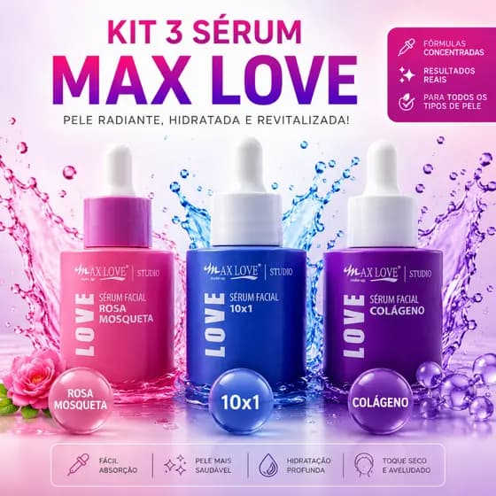 Kit 3 Sérum facial Max Love Rosa Mosqueta 10x1 Colágeno antissinais hidratação e elasticidade