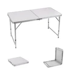 Mesa de Camping Portátil 120x60cm Branca em Alumínio Fecha em Forma de Maleta com Alça e Pés Dobráveis