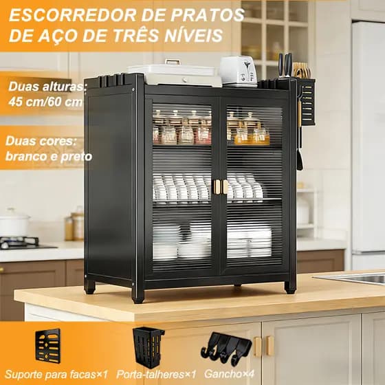 Armário De Cozinha Escorredor De Louças Pratos Talheres Organizador 3 Andares Aço Prateleira De Louças Preto Branco
