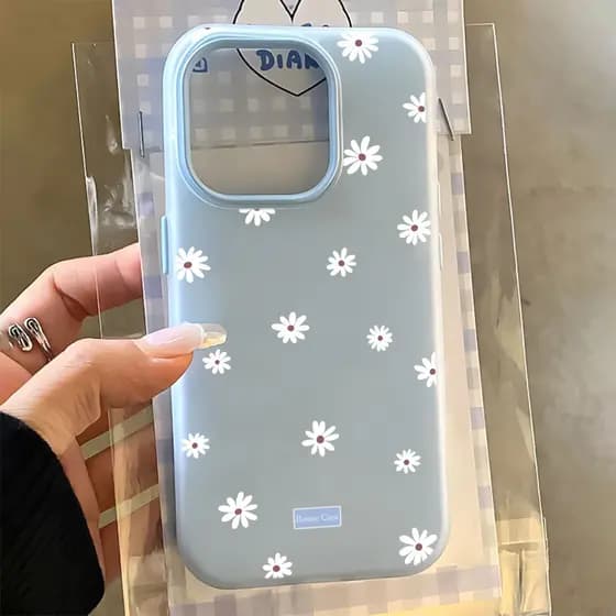 Capa De Silicone 2 Em 1 Com Margaridas Azuis , Para IPhone 13 11 12 14 15 16 17 16e Normal Pro Max Air Macarons