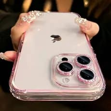 Transparente com Lente de Câmera Rosa com Strass Capinha Capa Para iPhone 17 Air 16 15 14 Plus 13 12 11 Pro Max Normal