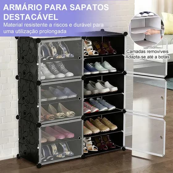 Sapateira Modular Portas Transparentes Duas Prateleiras De Grande Capacidade