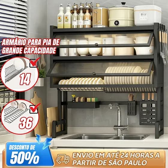 65cm/85/105cm Escorredor De Louça Cozinha Suspensa Autosustentavel Pia Rack Estante Poeira