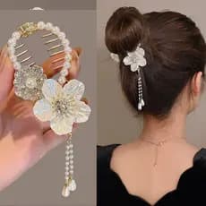 Grampo De Cabelo Luxuoso Com Flor De Pérola Para Mulheres Franja E Fecho Coque Alto Rabo De Cavalo .