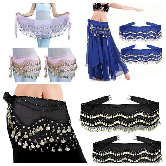 Lenço de cintura para dança do ventre, 4 pacotes, preto/rosa/azul, 3 fileiras, 64 moedas, 130 cm, corrente de cintura pa