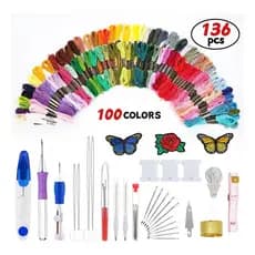 Kit Agulha Mágica Ponto Russo 136 Peças ， Linhas de Bordado 100 Cores Ideal para Iniciantes