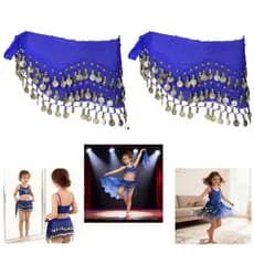 2 lenço de cintura para dança do ventre infantil 130 cm estendido 3 fileiras decoração de moedas de ouro cinto de desemp