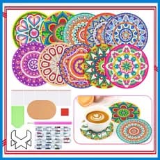 Porta-copos estilo Mandala de 10 peças, Kit de pintura de arte com diamante DIY com suporte