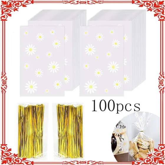 100 sacos plásticos transparentes para margaridas, 10 × 15,5 cm + 100 abraçadeiras douradas