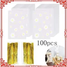 100 sacos plásticos transparentes para margaridas, 10 × 15,5 cm + 100 abraçadeiras douradas