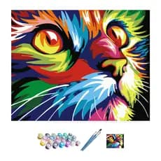 Kit Pintura Numerada completa Gato Psicodélico - Kit completo 1 tela + 3 pincéis + 24 tintas