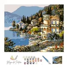 Kit Pintura Numerada 40x50cm Completo Lago di Como Italia – 24 Tintas Acrílicas + 3 Pincéis